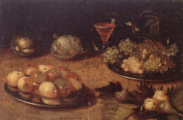 Still life of Grapes and apples on pewter plates,figs,melons and a wine glass, unknow artist